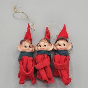 Knee Hugger Elf Pixie Vtg Lot Christmas Ornaments Molded Face Red 1950s MCM Flaw